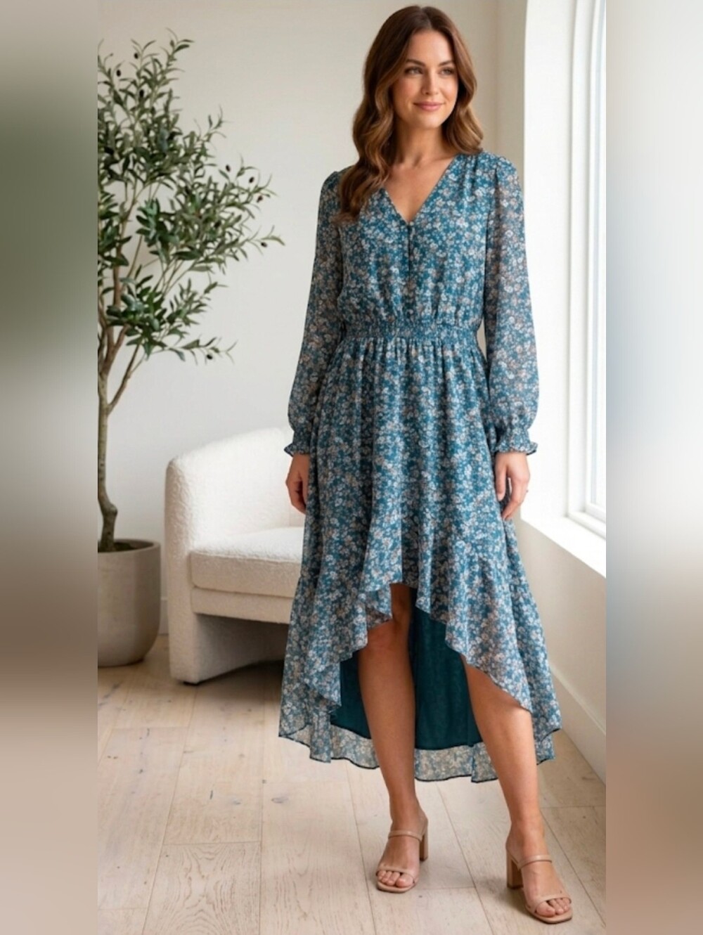 1.STATE Women Midi Dress Size Medium Floral High-Low V neck Long Sleeves